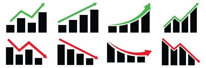 Stock Market Arrow Icons Set – Financial Graph Up and Down Trend, Price Rise and Fall Symbol Vector Illustration