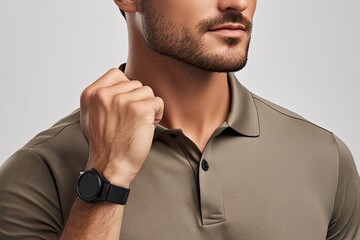 Close-up of man adjusting collar, black watch on wrist.  Man in taupe polo, thoughtful expression