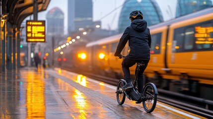 Urban Commuter on Bicycle at Train Station During Rainy Evening