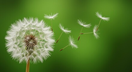 Fototapeta premium Dandelion Seeds Blowing in the Wind on Green Background