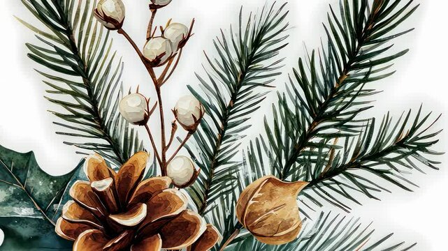 Watercolor composition with pine branches, cotton bolls, pine cones, and leaves. Winter botanical decor on a white background.