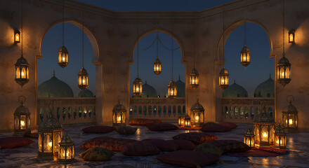 Obraz premium Warm glow of traditional lanterns illuminating an eid fitr evening scene