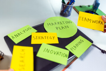 Hands selecting marketing plan cards with strategic labels.
