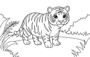vector illustration of a tiger in forest. coloring page