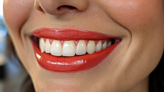 Confident woman with freshly done permanent make-up lips, smiling naturally in soft lighting	
