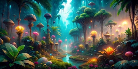 Obraz premium Enchanted Stream Winding Through a Luminescent, Dreamlike Forest of Exotic Flora and Glowing Fungi