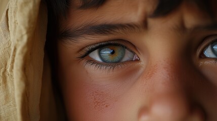 The eyes of a young boy in the Middle East are bright and tearful. They are not flowing. Side view. Close-up of the eyes