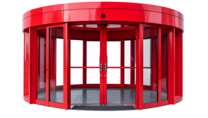 Stylish red revolving door with modern design isolated on solid white background in Png format