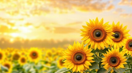 Obraz premium Bright Sunflowers Against a Golden Sunset Sky in a Field