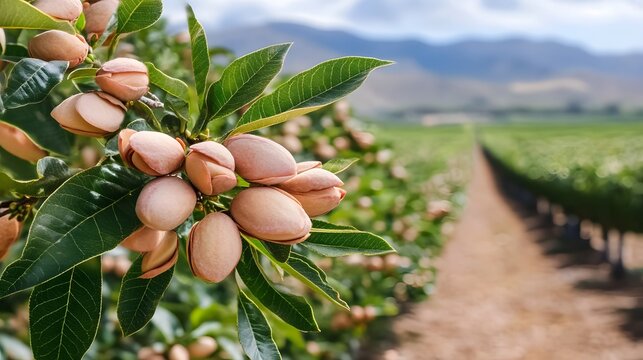 Almond Orchard Rows Summer Sunlight Ripe Almonds Growing Tree Branches