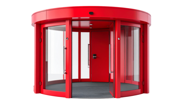 Stylish red revolving door with modern design isolated on solid white background Png