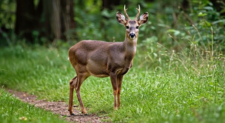 Obraz premium Gray Brocket Deer Graceful Stance and Delicate Features Near Forest Clearing or Trail