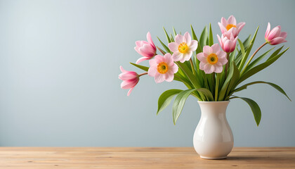 Fresh Pink Tulips and Daisies in a Vase on a Wooden Table  