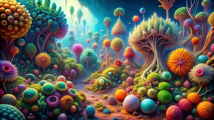 A Vibrant Fantasy Landscape of Luminescent Flora and Diverse Biomes with Intricate, Organic Forms and a Pathway Through a Surreal, Colorful World