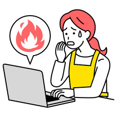 SNSが炎上して困惑しているエプロン姿の女性（ノートパソコン）