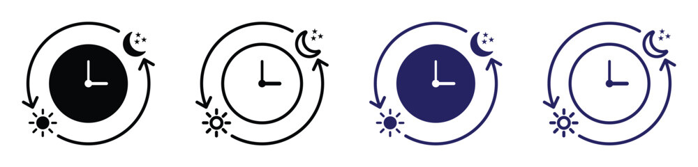 day night cycle schedule icon. weather clock sign icon. circadian rhythm icon. day and night transition symbol. sun and moon with clock representing time transition. vector illustration