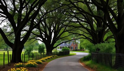 Fototapeta premium Narrow Winding Rural Road Shaded by Intertwining Tree Canopy