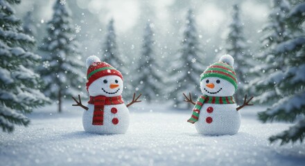 Obraz premium Two Snowmen in Winter Forest with Falling Snow