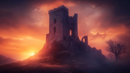 Obraz premium Ruined tower sunset landscape