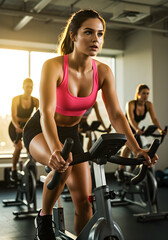 Woman in sportswear indoor cycling class training in class at gym. Athletic girl intensely cycling on stationary spinning bike at fitness center at workout. Sports motivation and Healthy lifestyle