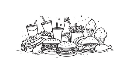 Set with fast food products line art illustration style collection