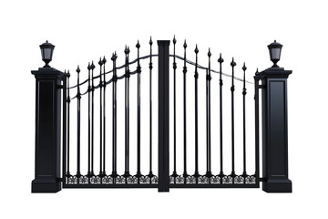 black iron gate with decorative posts isolated png transparent cutout
