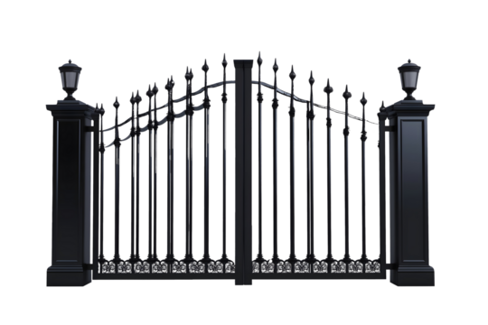 black iron gate with decorative posts isolated png transparent cutout