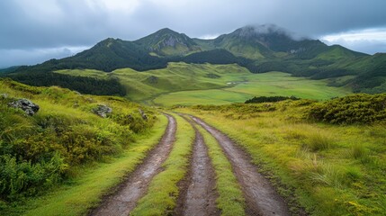 Fototapeta premium Volcanic Island Road, Green Valley, Cloudy Day