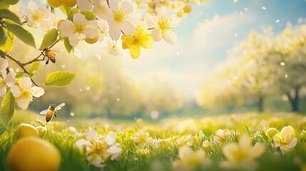 Obraz premium Blossoming Apple Tree with Bees in a Sunny Spring Meadow