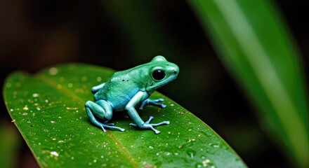 Obraz premium Bright Green Poison Dart Frog Resting on Tropical Leaf in Natural Rainforest Environment