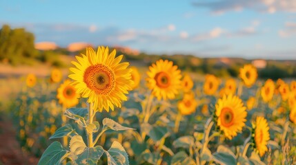 Obraz premium Vibrant Sunflower Field Under Clear Blue Sky at Golden Hour