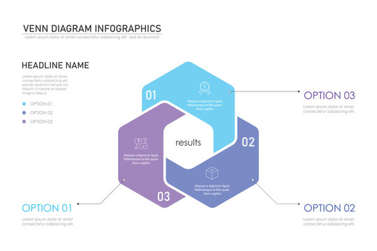 Venn diagram infographic chart template for business 3 parts, options, presentation with venn diagram elements vector illustration.