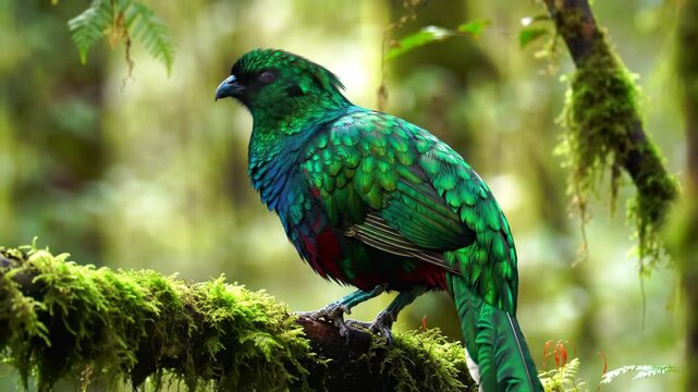 Resplendent Quetzal Perched on Moss-Covered Branch in Cloud Forest