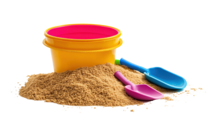 colorful cartoon plastic bucket and shovel on pile of sand on white background