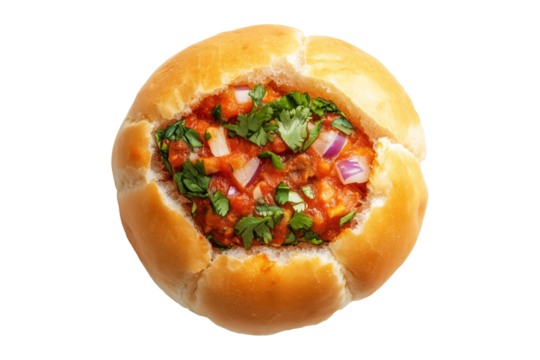Indian Vada pav bread stuffed with spicy vegetable curry, garnished with onions and herbs, isolated on white transparent background, concept of street food