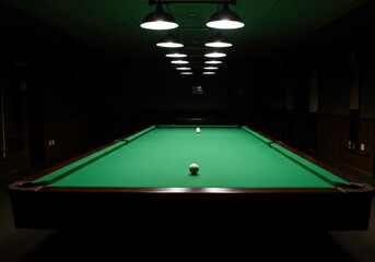 Billiard table with balls under lights in a dark room