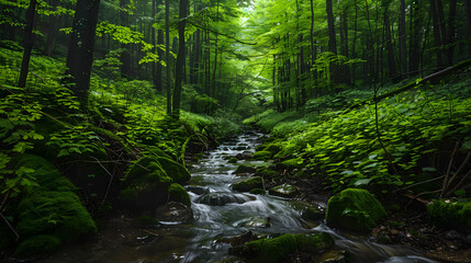 Obraz premium A stream flows through a lush green forest with mossy rocks and tall trees creating a peaceful scene