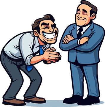 Cartoon Vector of Overly Enthusiastic Employee Flattering Confident Boss &ndash; Sycophantic Behavior Office Concept