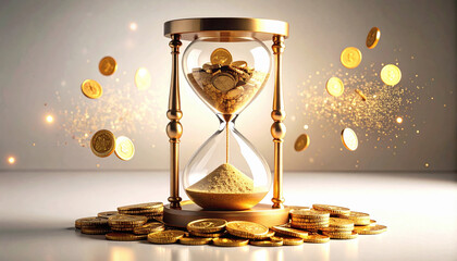 Golden Hourglass Filled with Coins and Sparkling Dust Effects