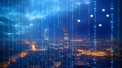 Fototapeta premium City skyline at night with digital overlay and blue tones.