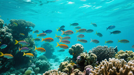 Fototapeta premium Colorful tropical fish swimming over coral reef underwater