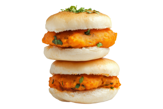 Crispy chicken sandwich Vada pav with red onions, herbs, and soft bun isolated on a white transparent background, concept of fast food meal