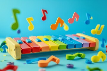 Colorful xylophone with musical notes on bright blue background
