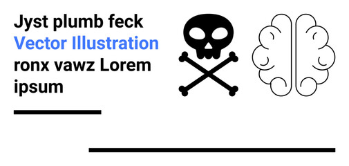 Skull and crossbones adjacent to brain outline with placeholder text. Ideal for caution, warning, intellect, health, mortality, science, or creativity themes, simple landing page
