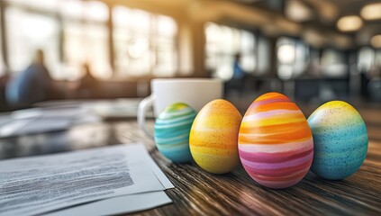Colorful Easter eggs on a wooden office desk, in front of documents and a white coffee cup, with blurred office background