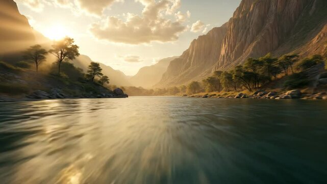Low-altitude cinematic flight over ancient river at sunset with water reflections