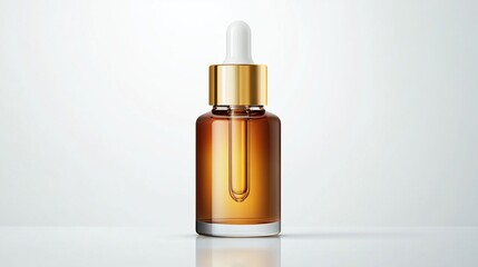 Amber glass dropper bottle with golden cap.  Clear liquid inside