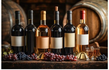 Wine bottles, grapes, cellar, tasting