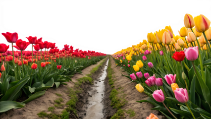 a tulip field isolated on white background. PNG