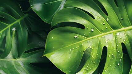 Lush Green Monstera Leaves with Dew Drops